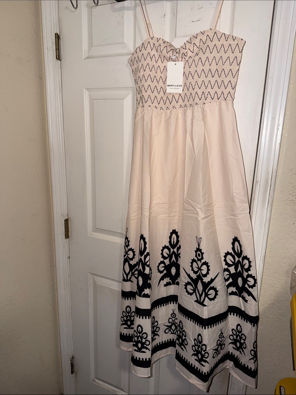 Cream Maxi Dress with Black Embroidered Border